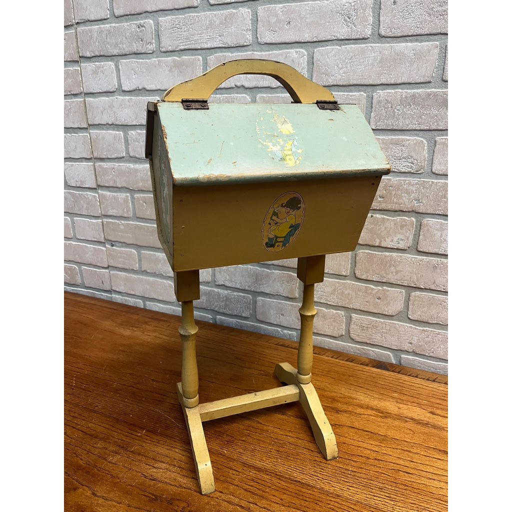Vintage Handcrafted Folk Art Wood Child's Flip Top Sewing Box Stand Jack/Jill