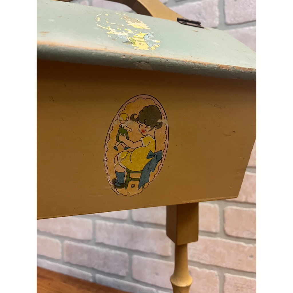 Vintage Handcrafted Folk Art Wood Child's Flip Top Sewing Box Stand Jack/Jill