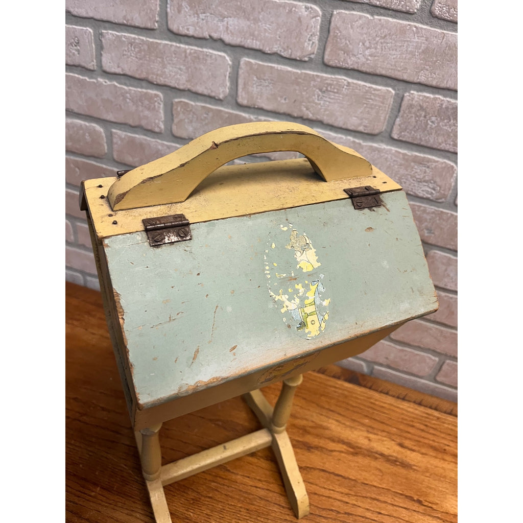 Vintage Handcrafted Folk Art Wood Child's Flip Top Sewing Box Stand Jack/Jill
