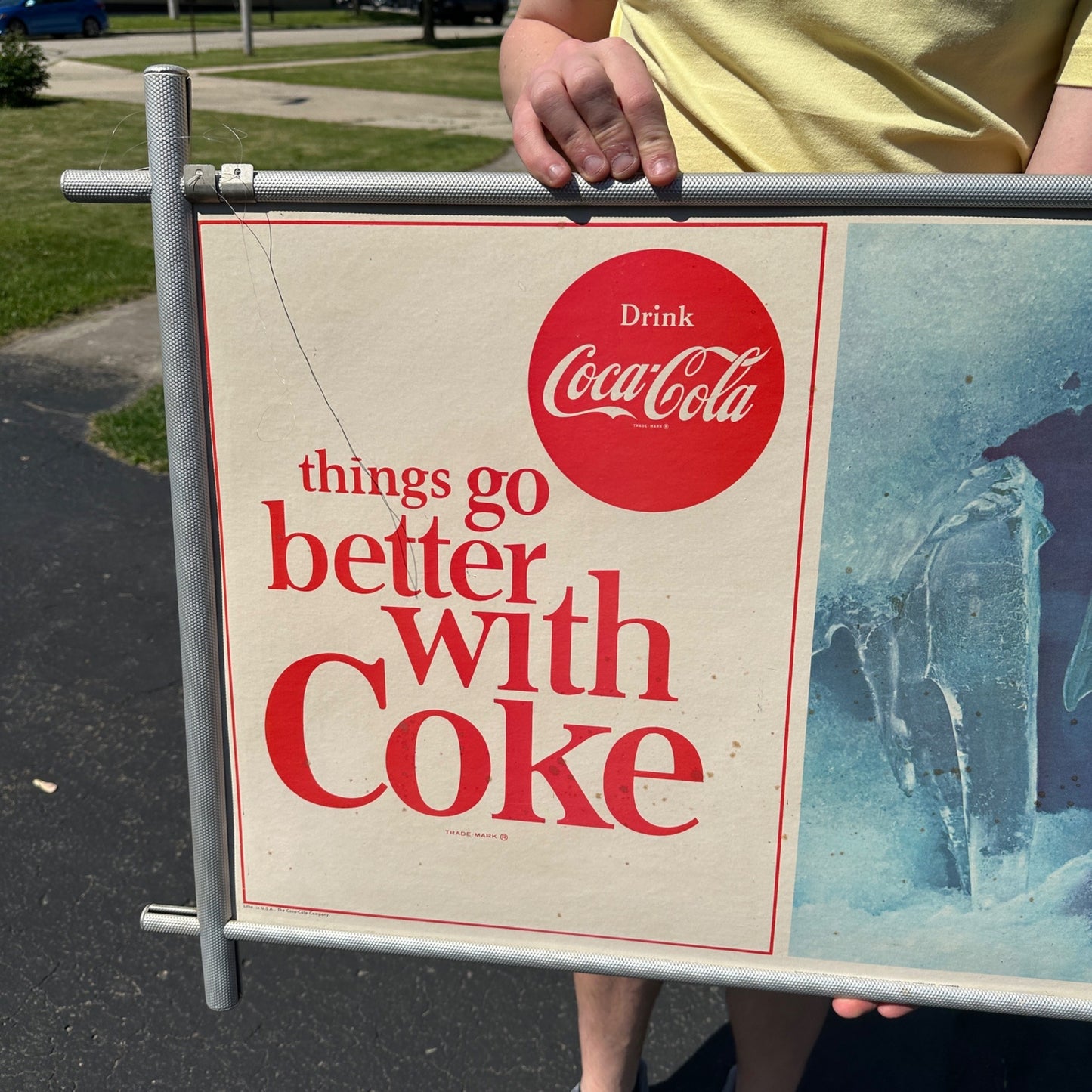 Vintage 1960s Coca Cola Cardstock Advertising Sign in Aluminum Frame