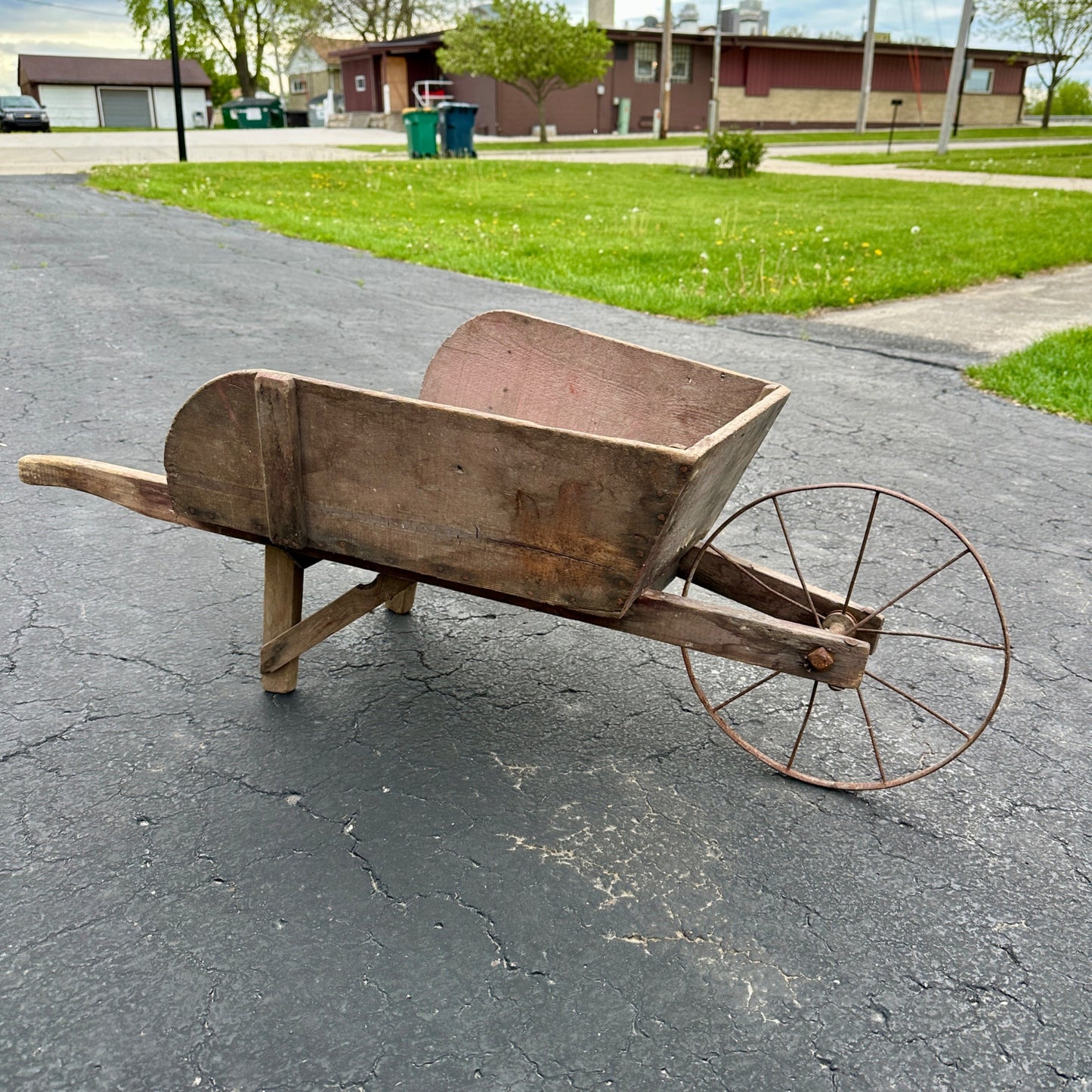 Small Primitive Wooden Red Child's Wheelbarrow Rustic Garden Decor