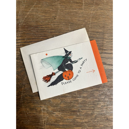 Vintage 1940s Halloween Party Invitation Card Hallmark Witch JOL Ghost