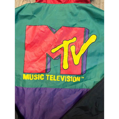 MTV Windbreaker Logo Jacket Zip Retro 90s Music Television Color Block Hoodie M
