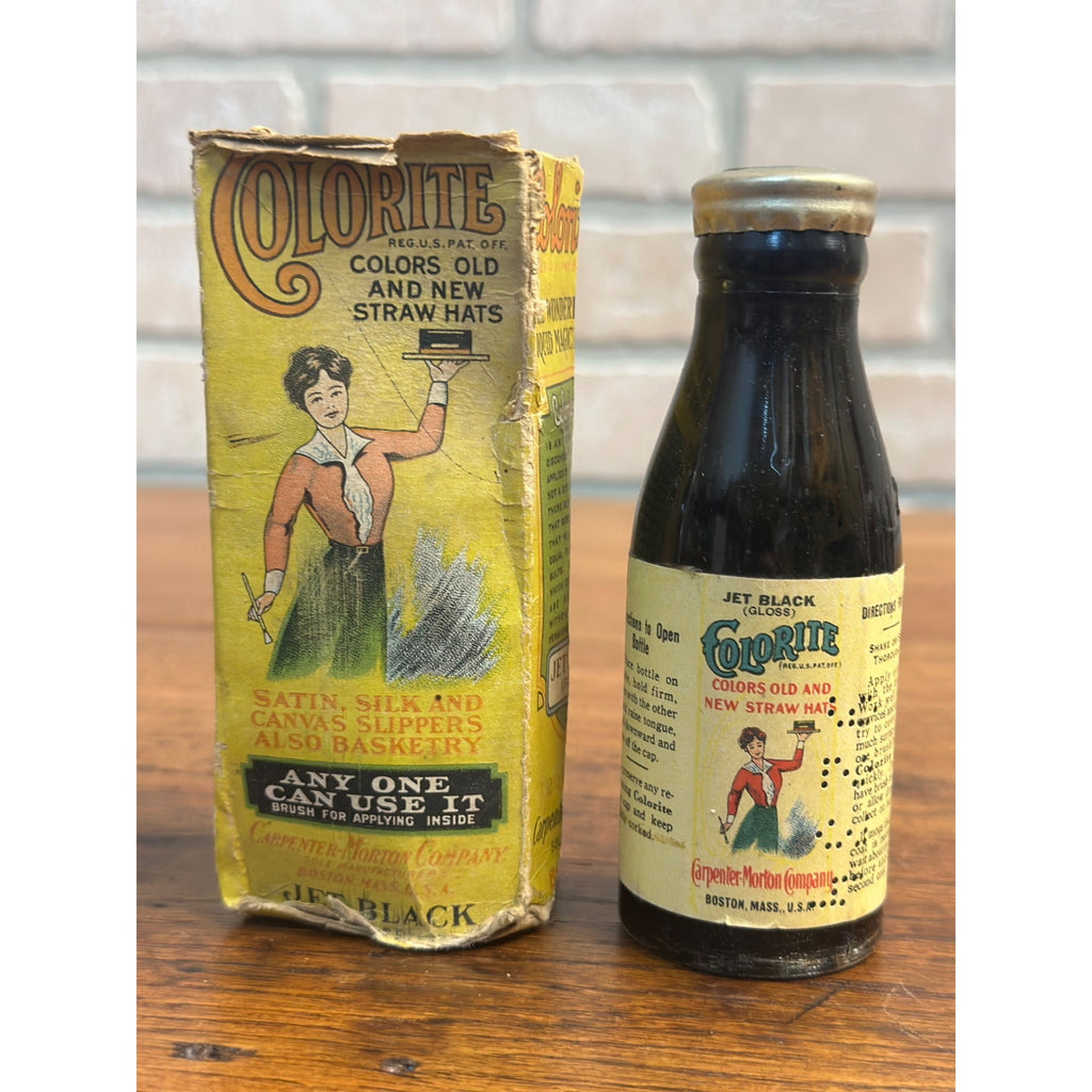 Vintage Colorite Straw Hat Paint-- Jet Black In Box Advertising Bottle