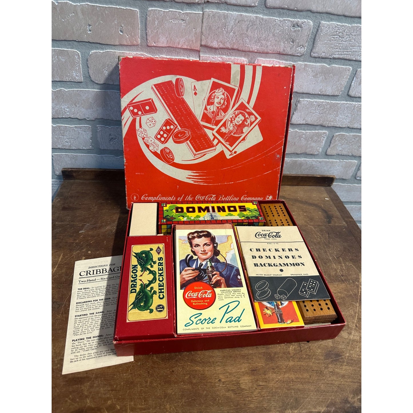 1940s Coca-Cola Wartime Game Box Milton Bradley Dominos Checkers Cribbage Cards