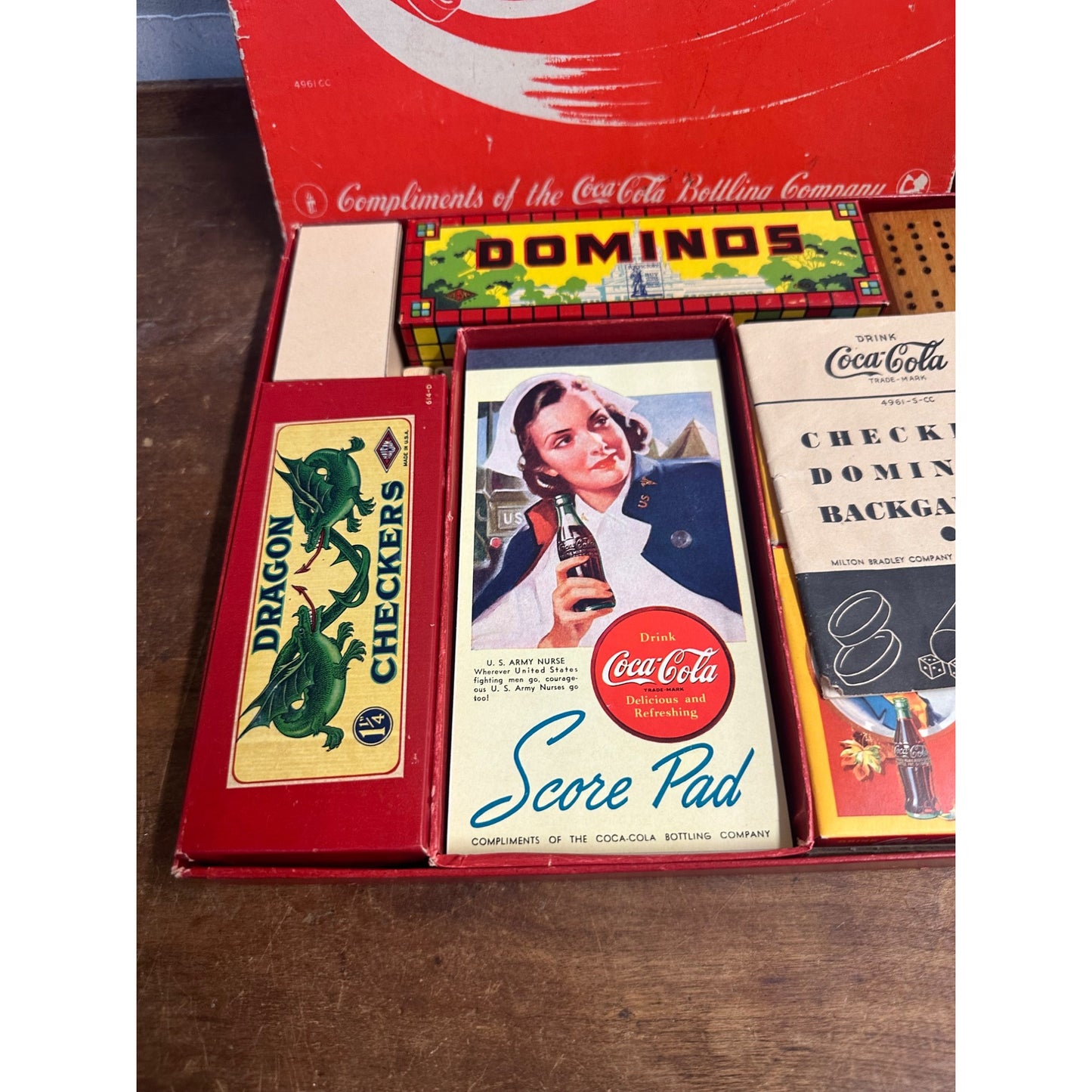 1940s Coca-Cola Wartime Game Box Milton Bradley Dominos Checkers Cribbage Cards