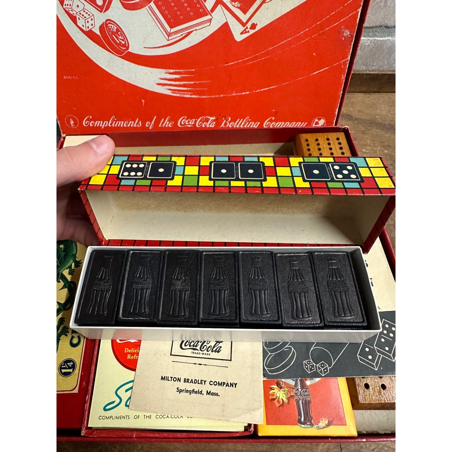 1940s Coca-Cola Wartime Game Box Milton Bradley Dominos Checkers Cribbage Cards