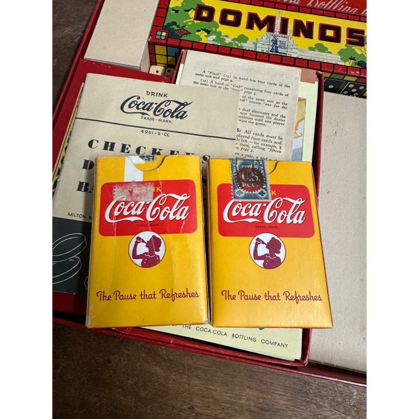 1940s Coca-Cola Wartime Game Box Milton Bradley Dominos Checkers Cribbage Cards