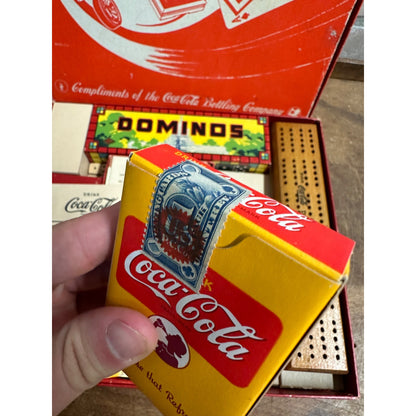 1940s Coca-Cola Wartime Game Box Milton Bradley Dominos Checkers Cribbage Cards