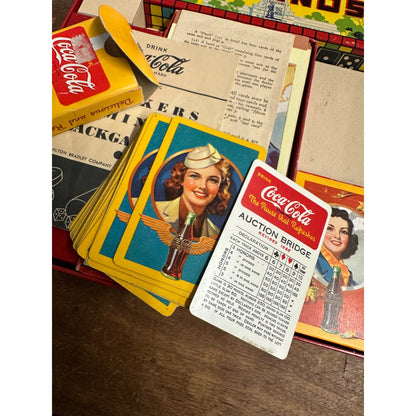 1940s Coca-Cola Wartime Game Box Milton Bradley Dominos Checkers Cribbage Cards