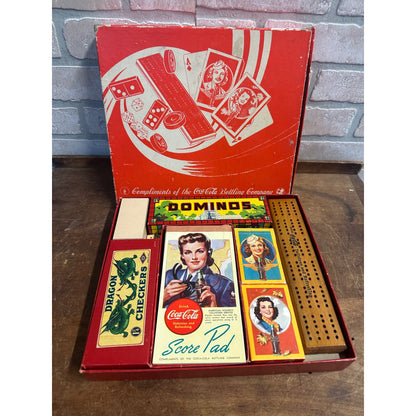 1940s Coca-Cola Wartime Game Box Milton Bradley Dominos Checkers Cribbage Cards