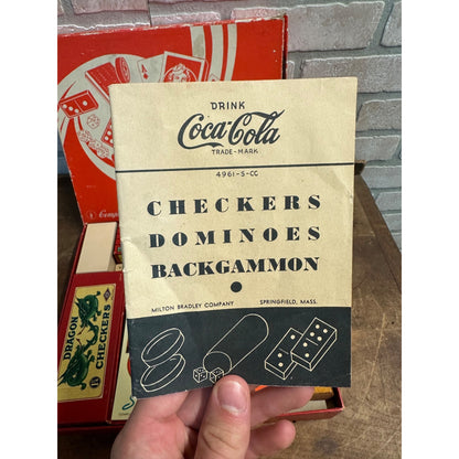 1940s Coca-Cola Wartime Game Box Milton Bradley Dominos Checkers Cribbage Cards