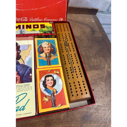 1940s Coca-Cola Wartime Game Box Milton Bradley Dominos Checkers Cribbage Cards