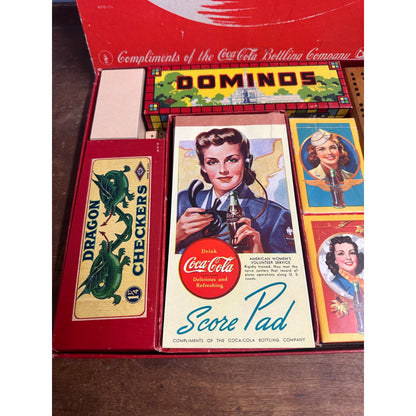 1940s Coca-Cola Wartime Game Box Milton Bradley Dominos Checkers Cribbage Cards