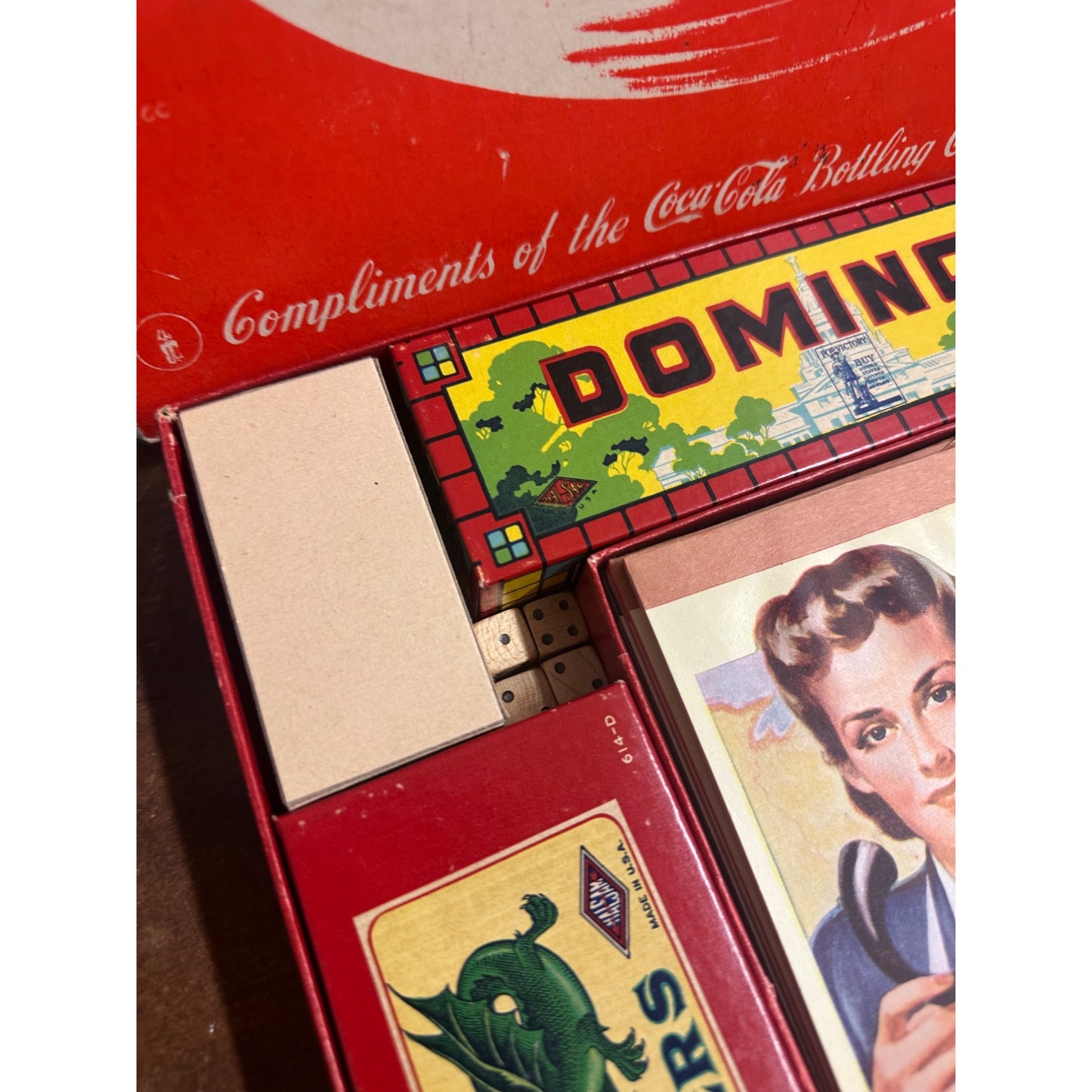 1940s Coca-Cola Wartime Game Box Milton Bradley Dominos Checkers Cribbage Cards