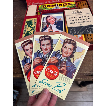 1940s Coca-Cola Wartime Game Box Milton Bradley Dominos Checkers Cribbage Cards