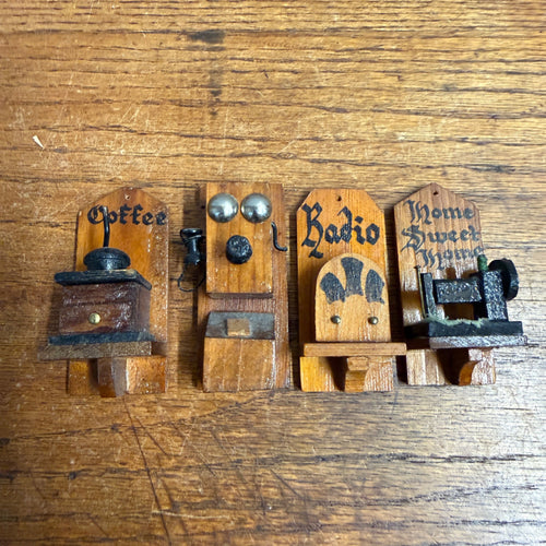 Set of (4) Wooden Folk Art Fridge Magnets Coffee Mill Kitchen Radio Telephone