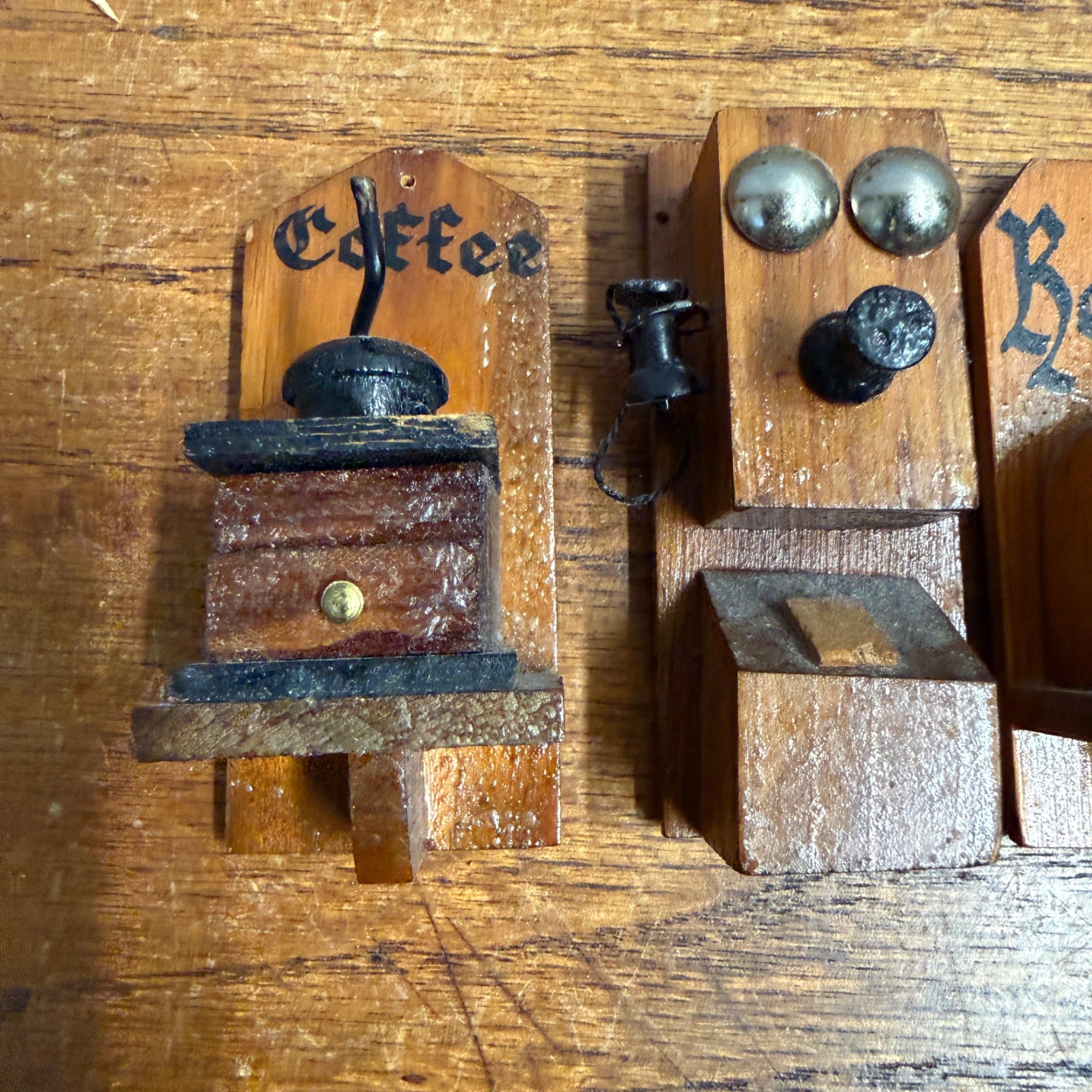 Set of (4) Wooden Folk Art Fridge Magnets Coffee Mill Kitchen Radio Telephone