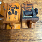 Set of (4) Wooden Folk Art Fridge Magnets Coffee Mill Kitchen Radio Telephone