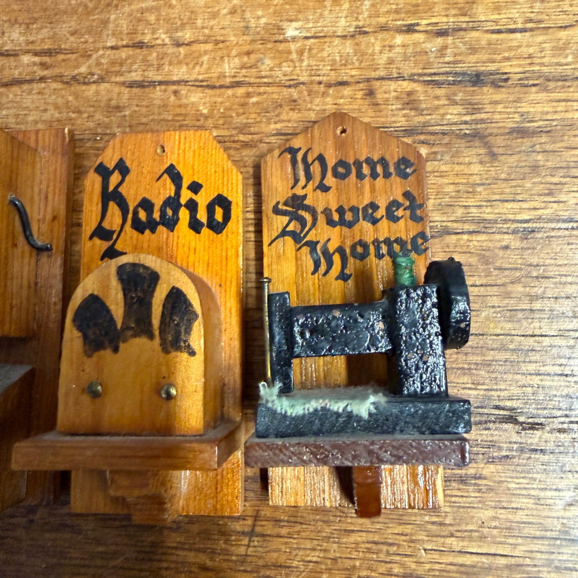 Set of (4) Wooden Folk Art Fridge Magnets Coffee Mill Kitchen Radio Telephone