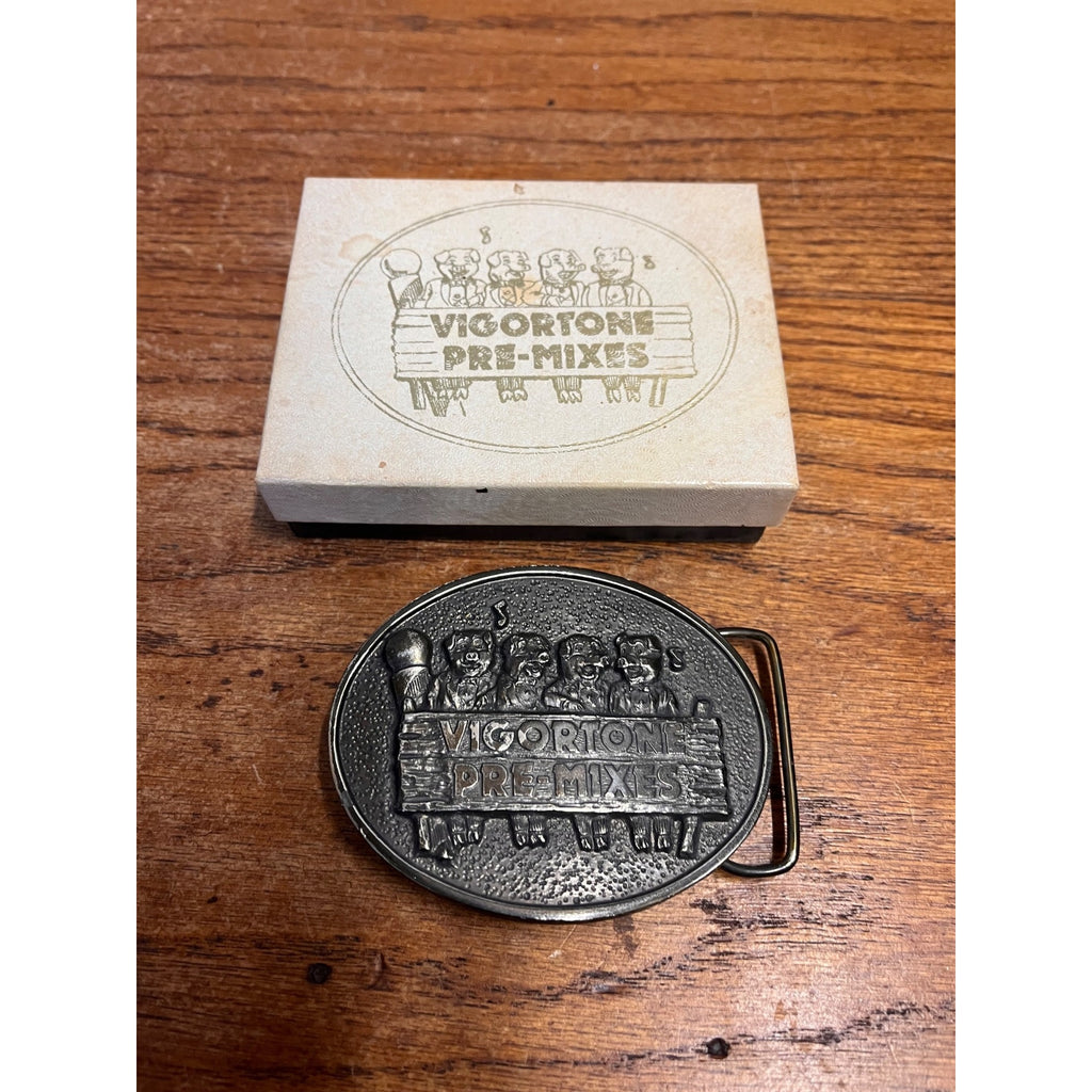 Vintage Vigortone Pig Belt Buckle Farm Feed Original Box