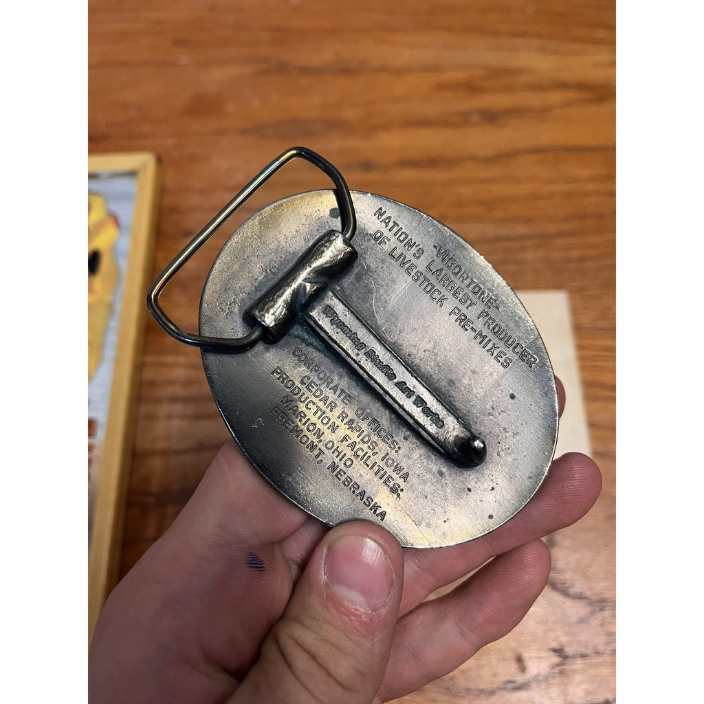 Vintage Vigortone Pig Belt Buckle Farm Feed Original Box