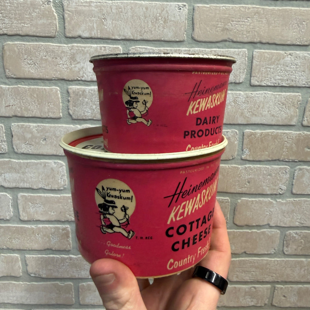 (2) Kewaskum Indian Heinemann Cottage Cheese Wax Containers Wisconsin