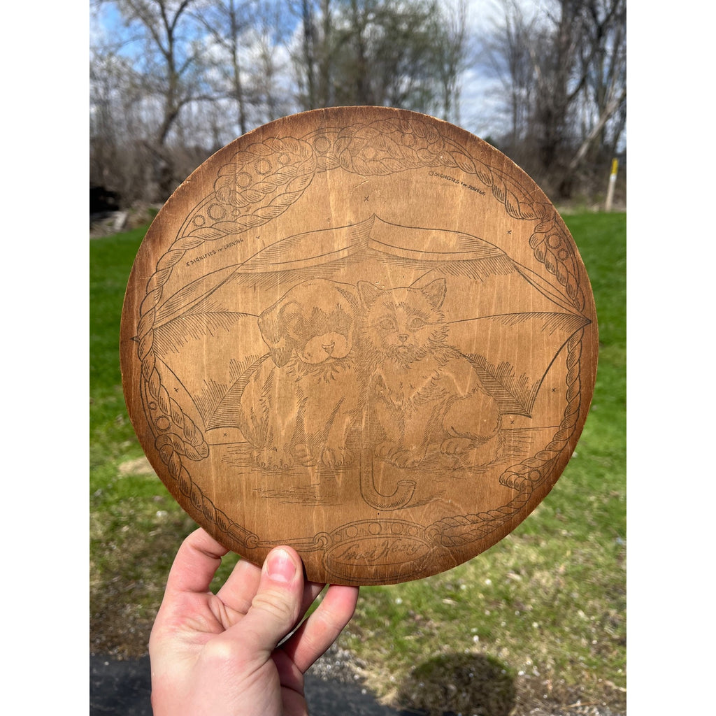 Vintage Dog & Cat Pyrography Wooden Wall Plaque Sign Flemish Art