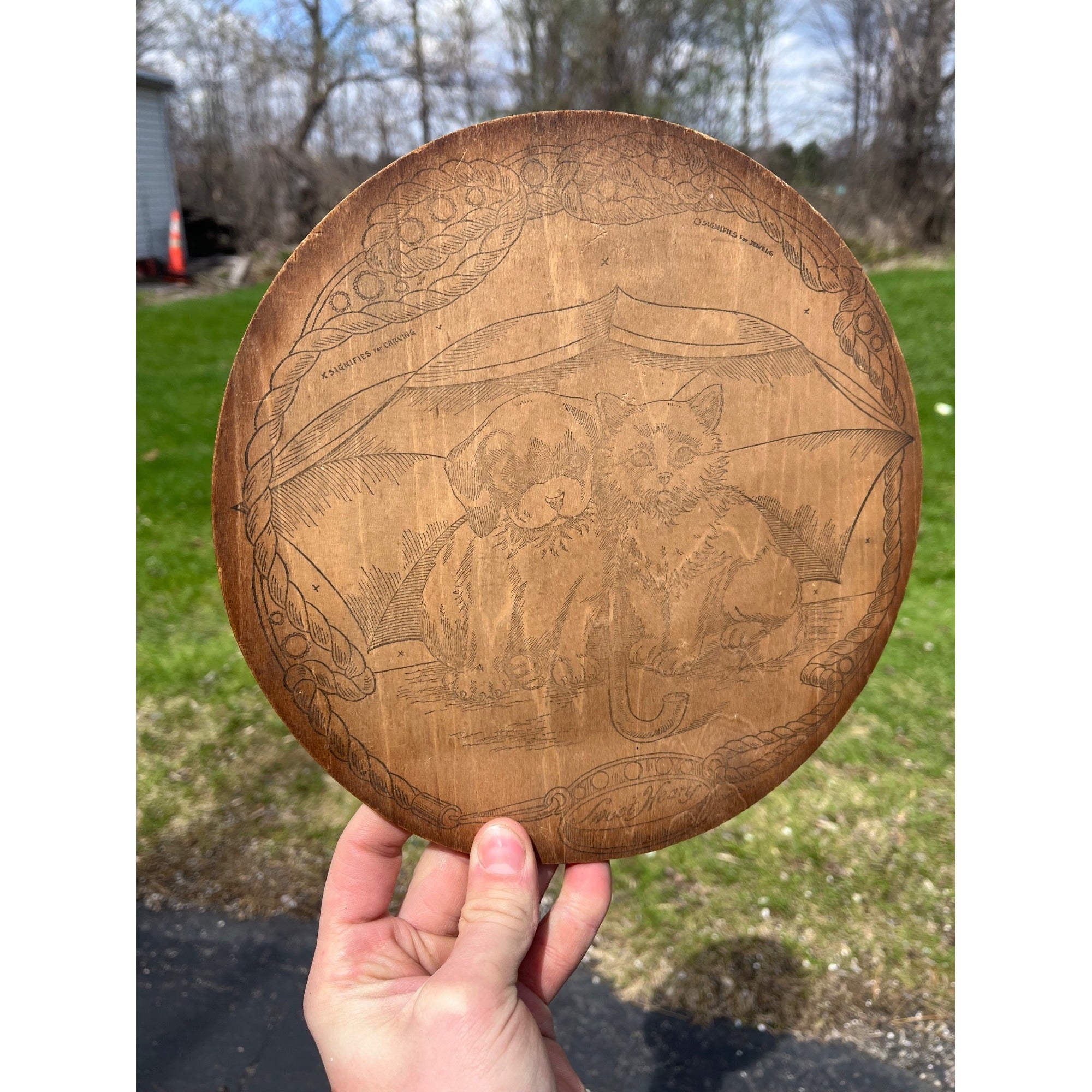 Vintage Dog & Cat Pyrography Wooden Wall Plaque Sign Flemish Art