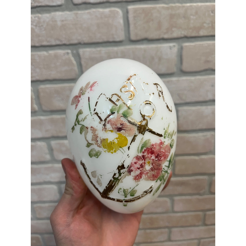 Antique Victorian Easter Milk Glass Egg Hand Painted Anchor Floral 6"