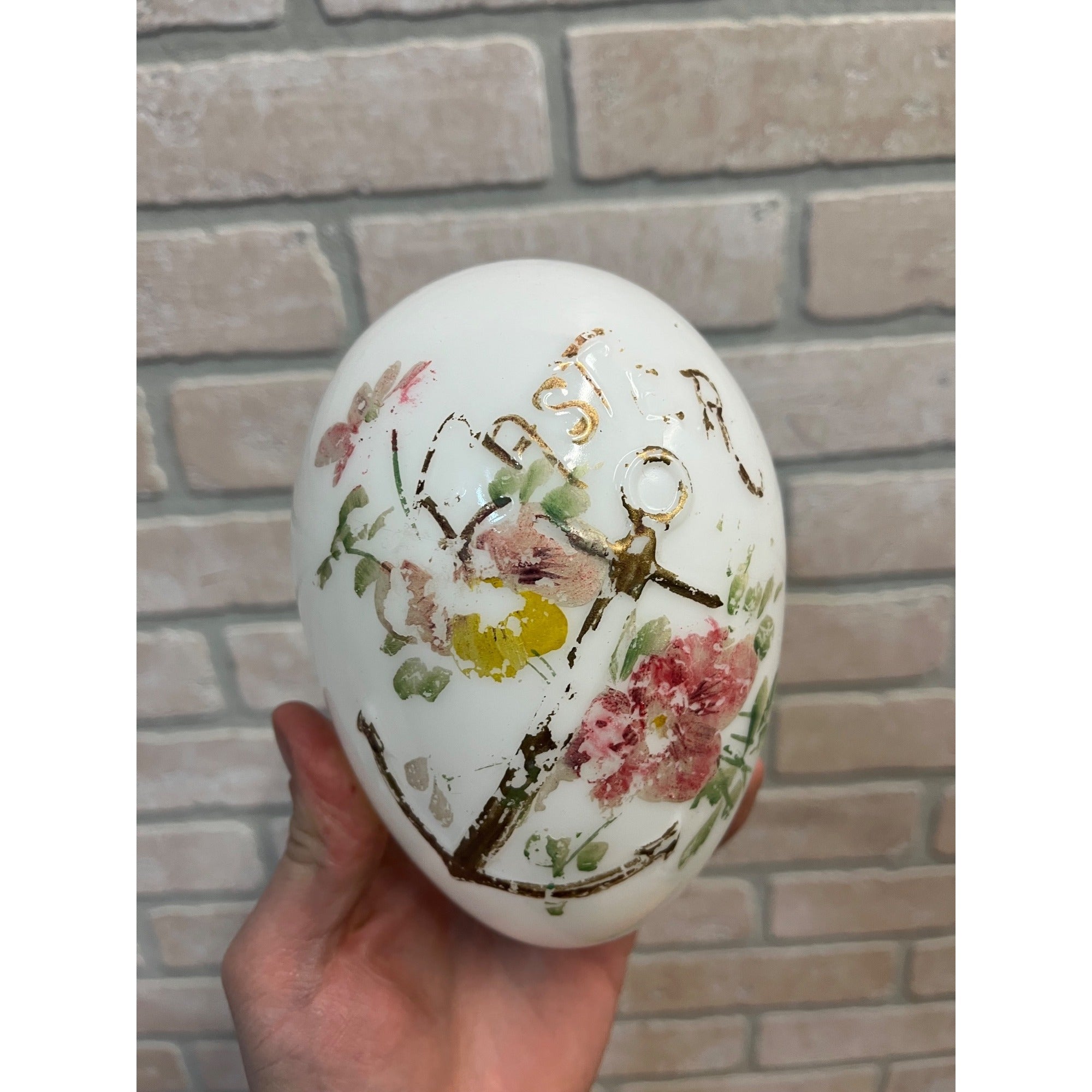Antique Victorian Easter Milk Glass Egg Hand Painted Anchor Floral 6"