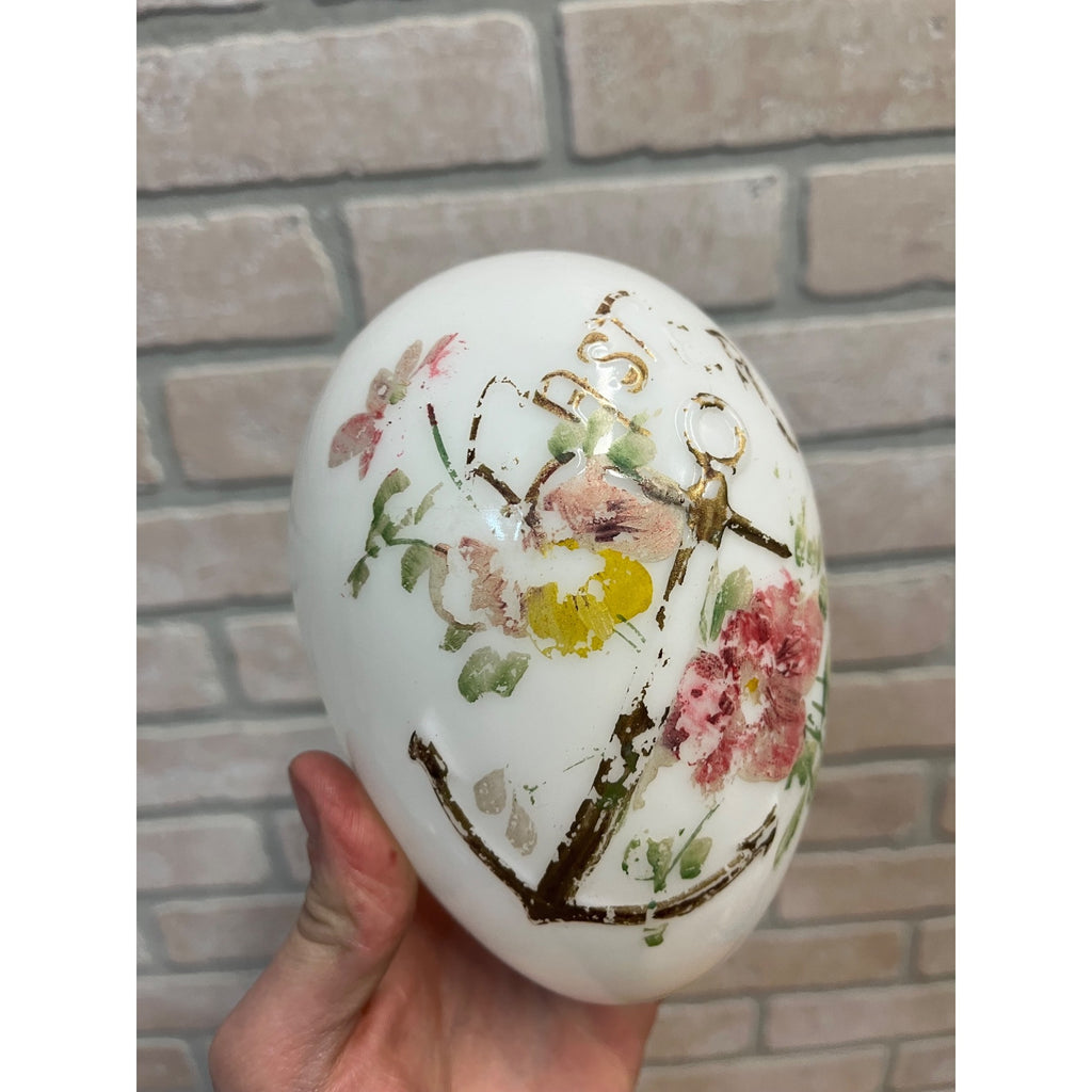Antique Victorian Easter Milk Glass Egg Hand Painted Anchor Floral 6"