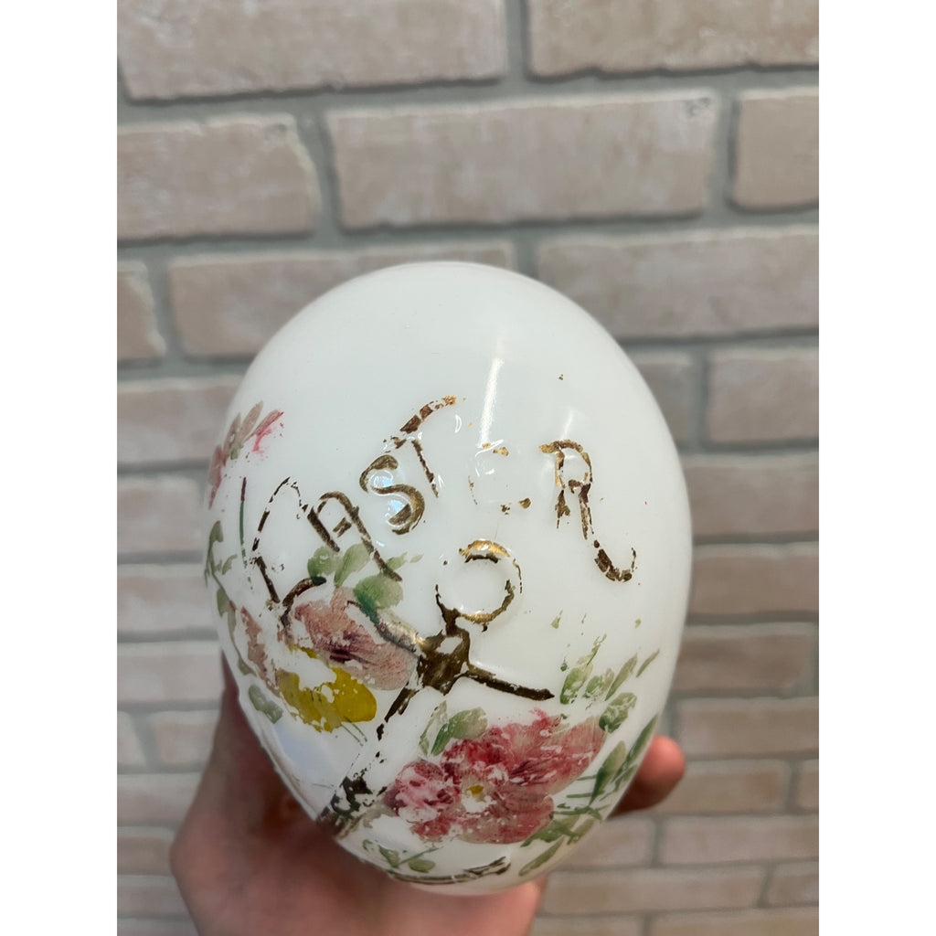Antique Victorian Easter Milk Glass Egg Hand Painted Anchor Floral 6"