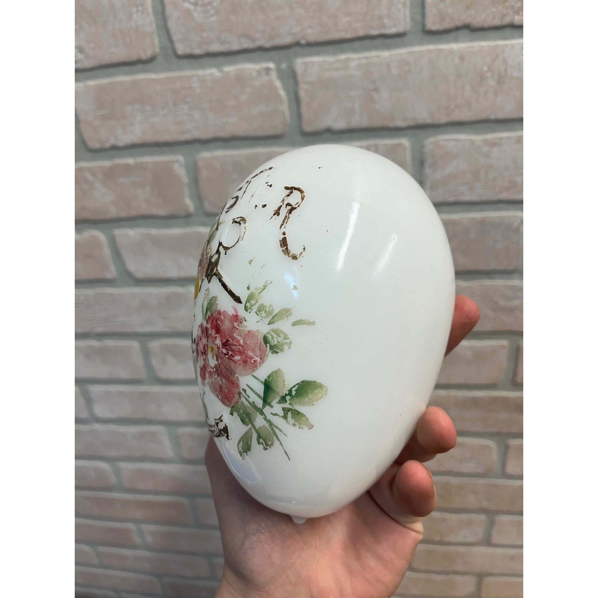 Antique Victorian Easter Milk Glass Egg Hand Painted Anchor Floral 6"