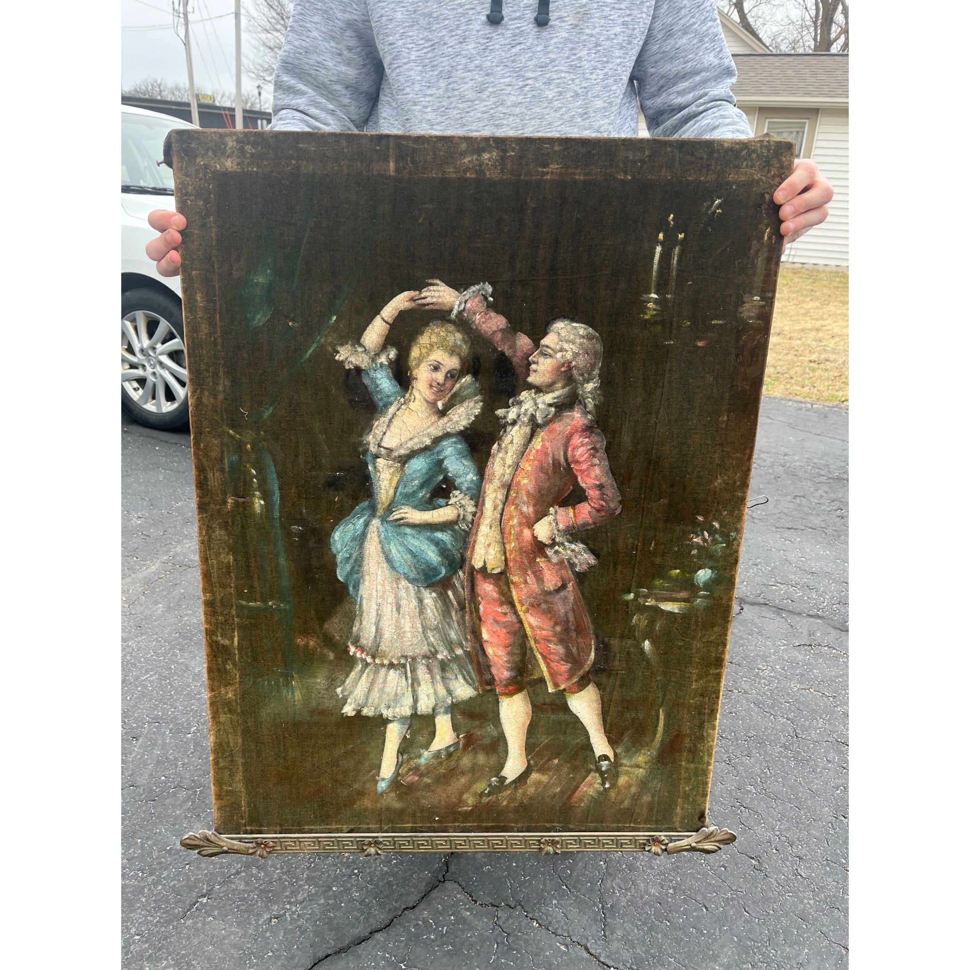 Antique Victorian Oil Painting on Velvet Velour Dancing Aristocrat Couple