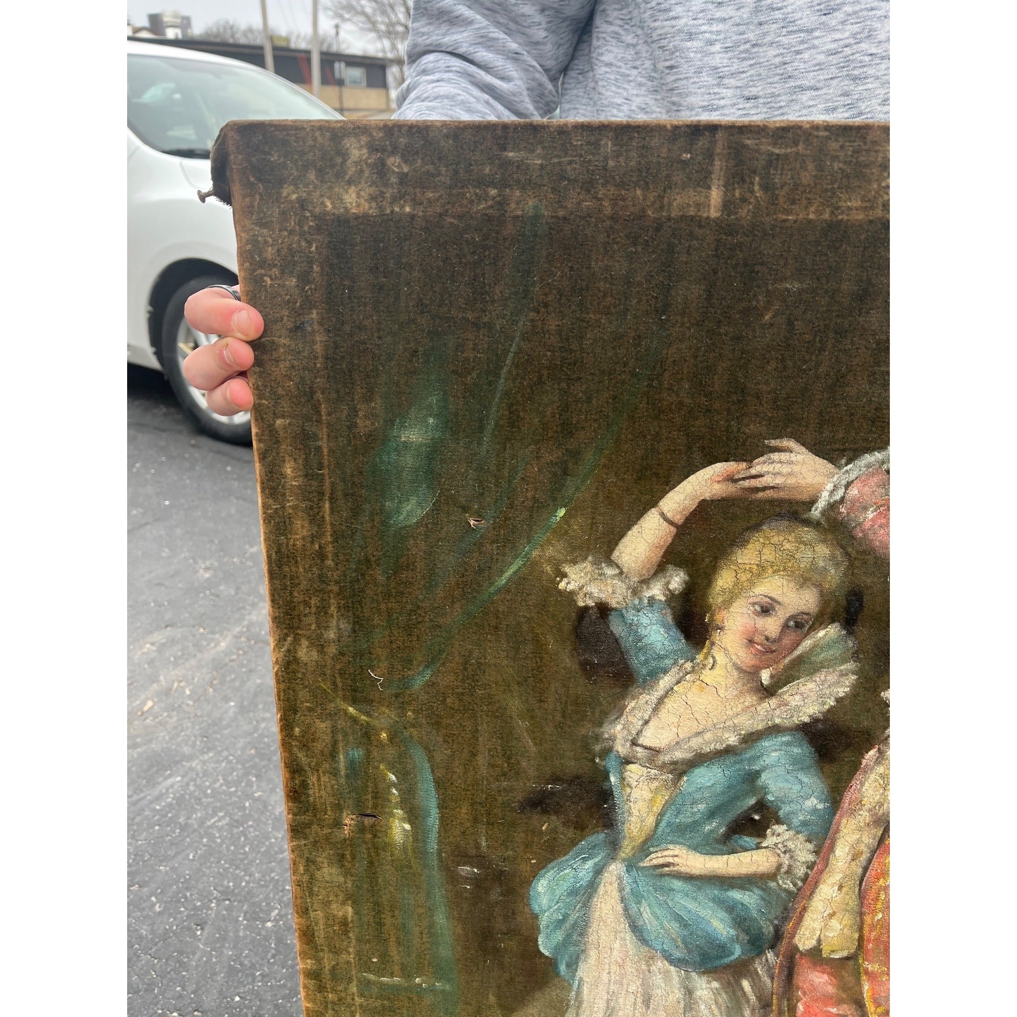 Antique Victorian Oil Painting on Velvet Velour Dancing Aristocrat Couple