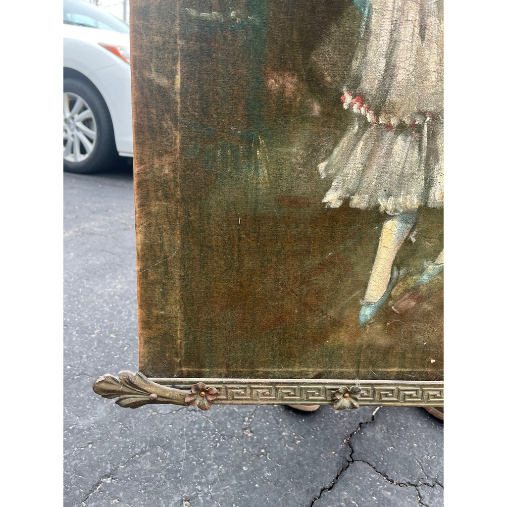 Antique Victorian Oil Painting on Velvet Velour Dancing Aristocrat Couple