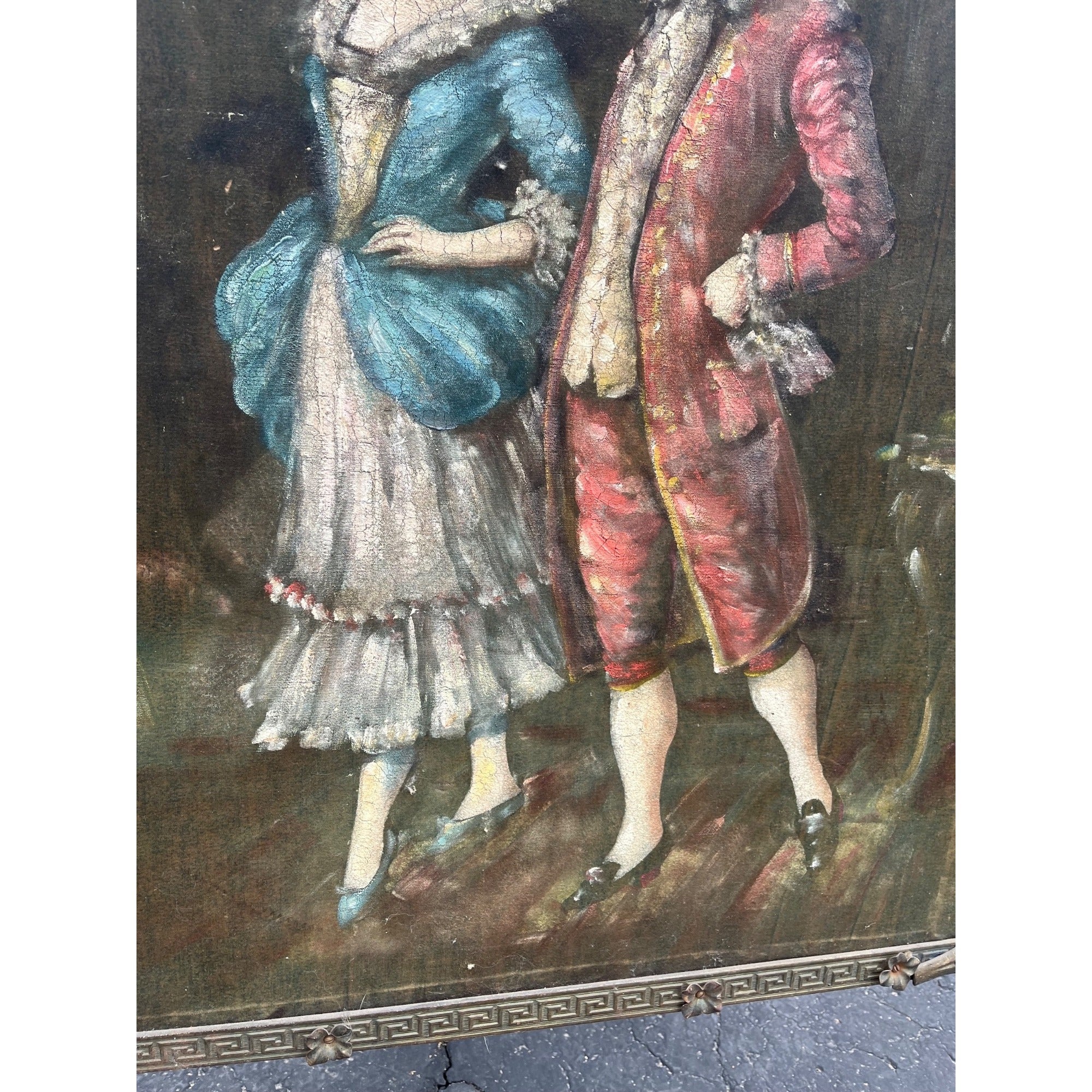 Antique Victorian Oil Painting on Velvet Velour Dancing Aristocrat Couple