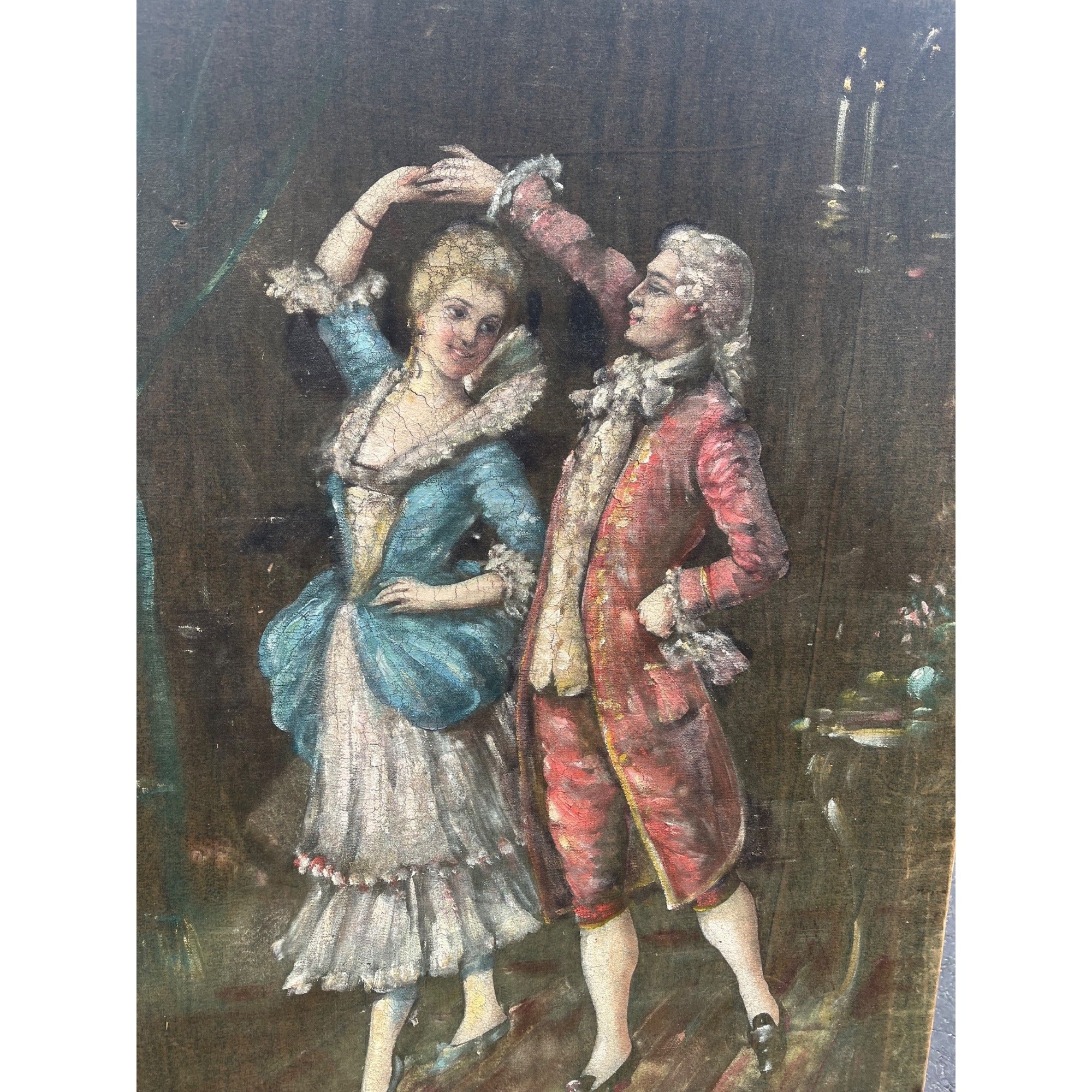 Antique Victorian Oil Painting on Velvet Velour Dancing Aristocrat Couple