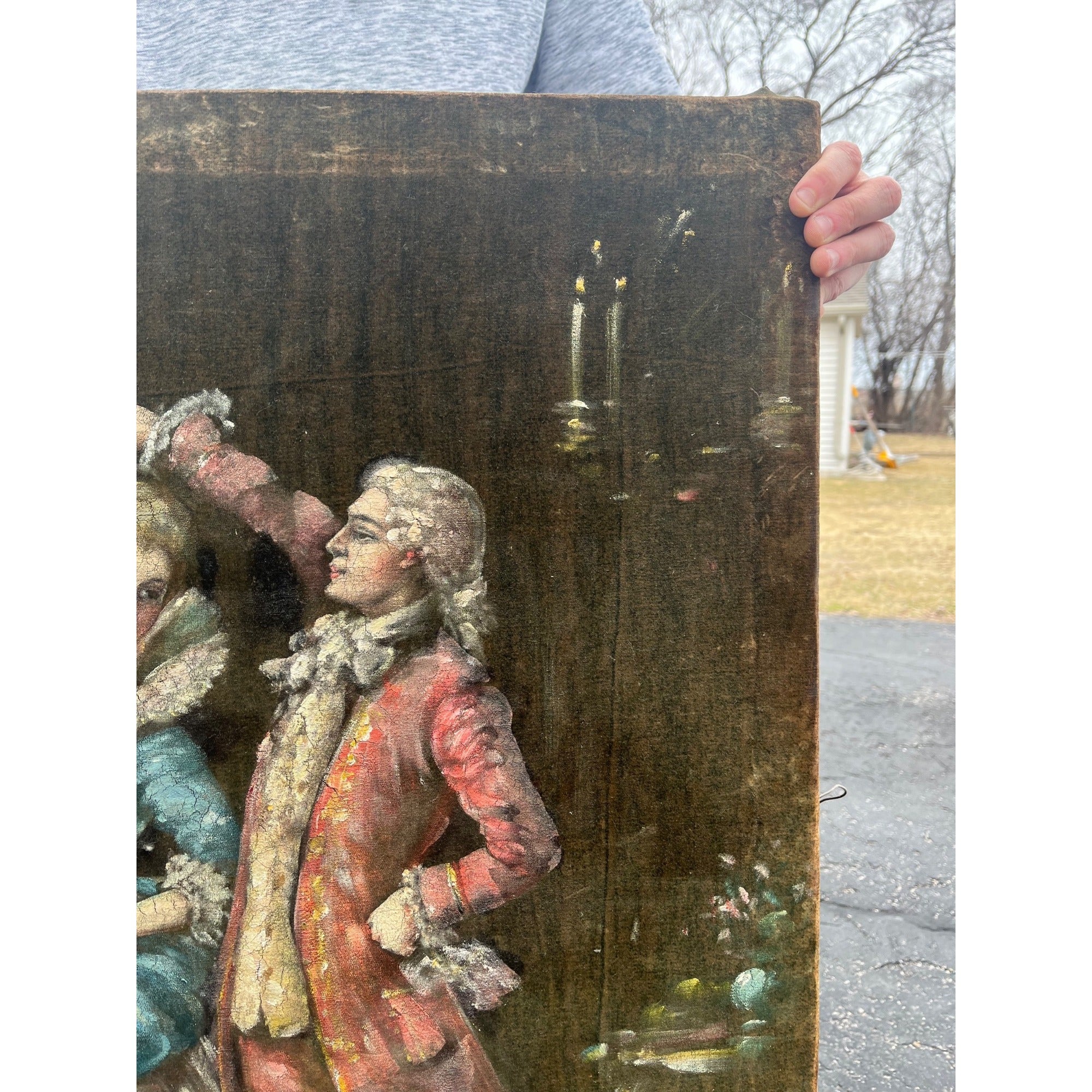 Antique Victorian Oil Painting on Velvet Velour Dancing Aristocrat Couple