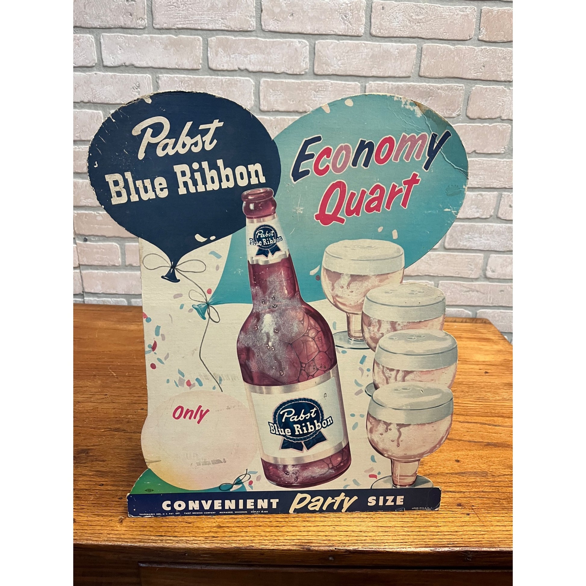 Vintage 1950s Pabst Blue Ribbon Beer Quart Party Size Bottle Advertising Sign