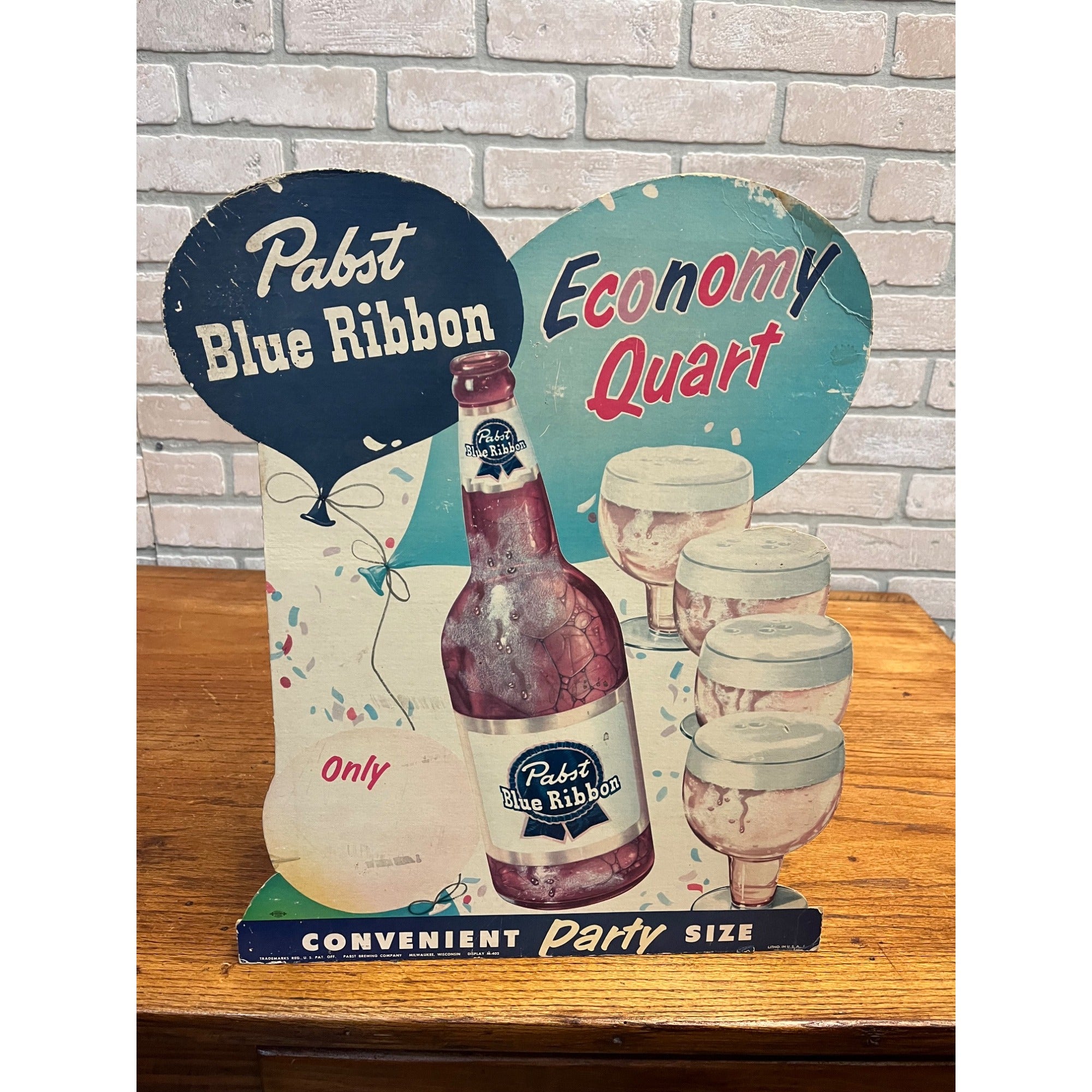 Vintage 1950s Pabst Blue Ribbon Beer Quart Party Size Bottle Advertising Sign