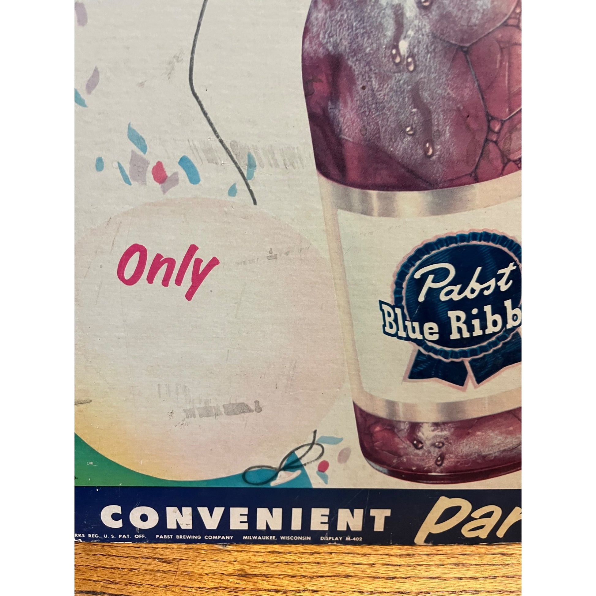 Vintage 1950s Pabst Blue Ribbon Beer Quart Party Size Bottle Advertising Sign