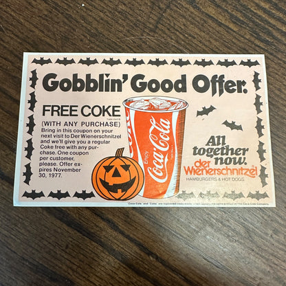 Vintage 1977 Der Wienerschnitzel Fast Fodo Restaurant Free Coca Cola Coupon