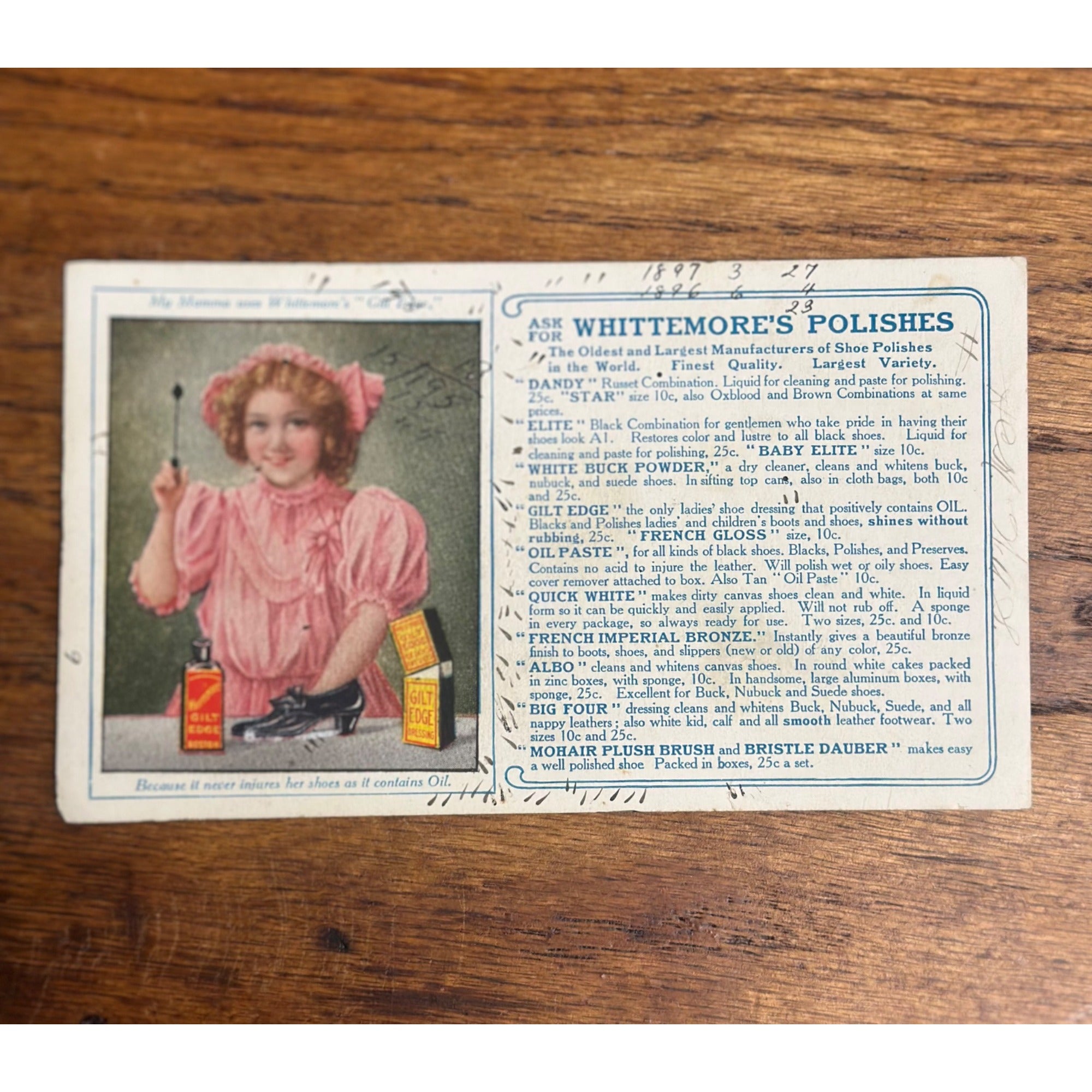 c1897 Whittemore's Polishes Advertising Ink Blotter Gilt Edge Dressing Boston