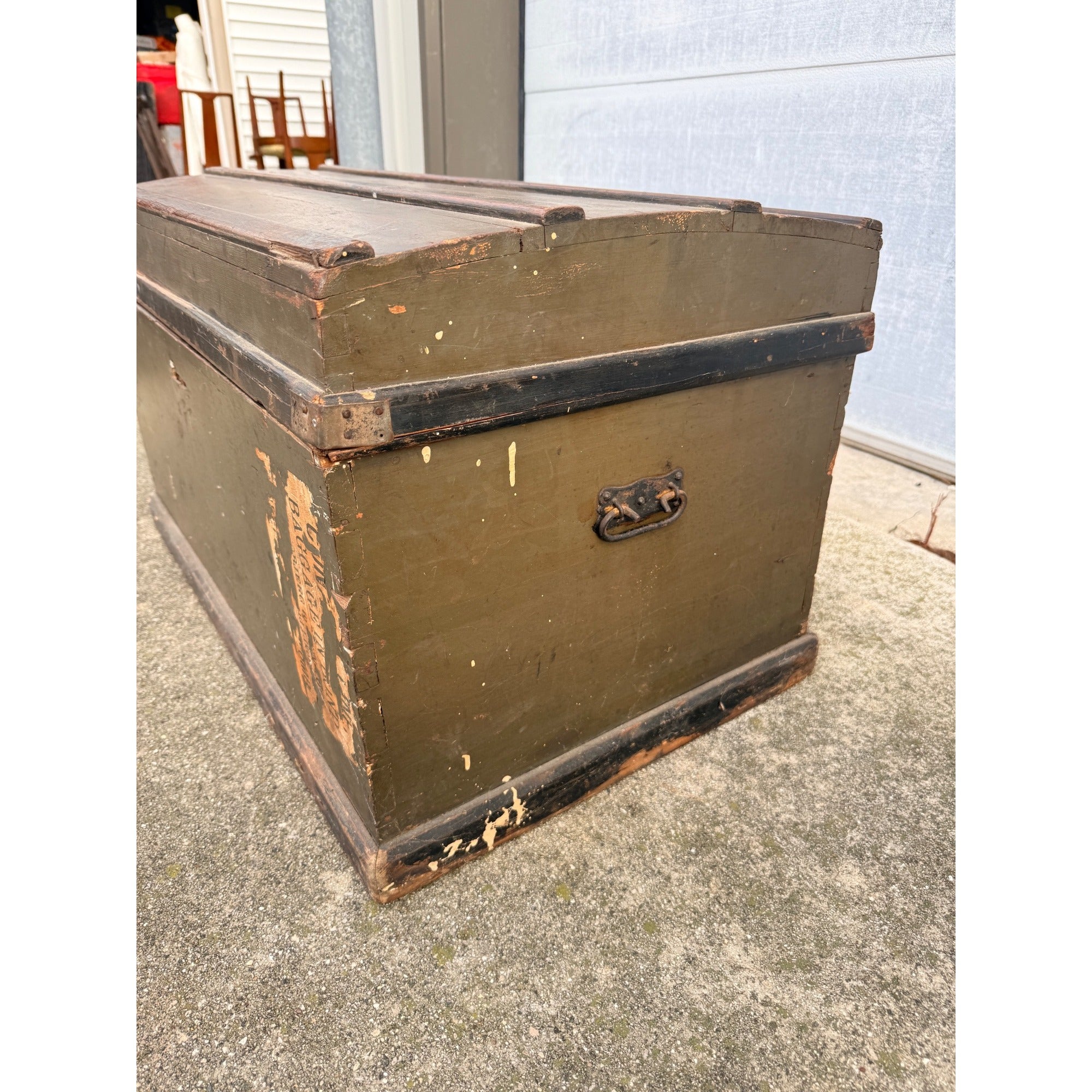 Antique Primitive Army Green Trunk Chest Train Travel Box