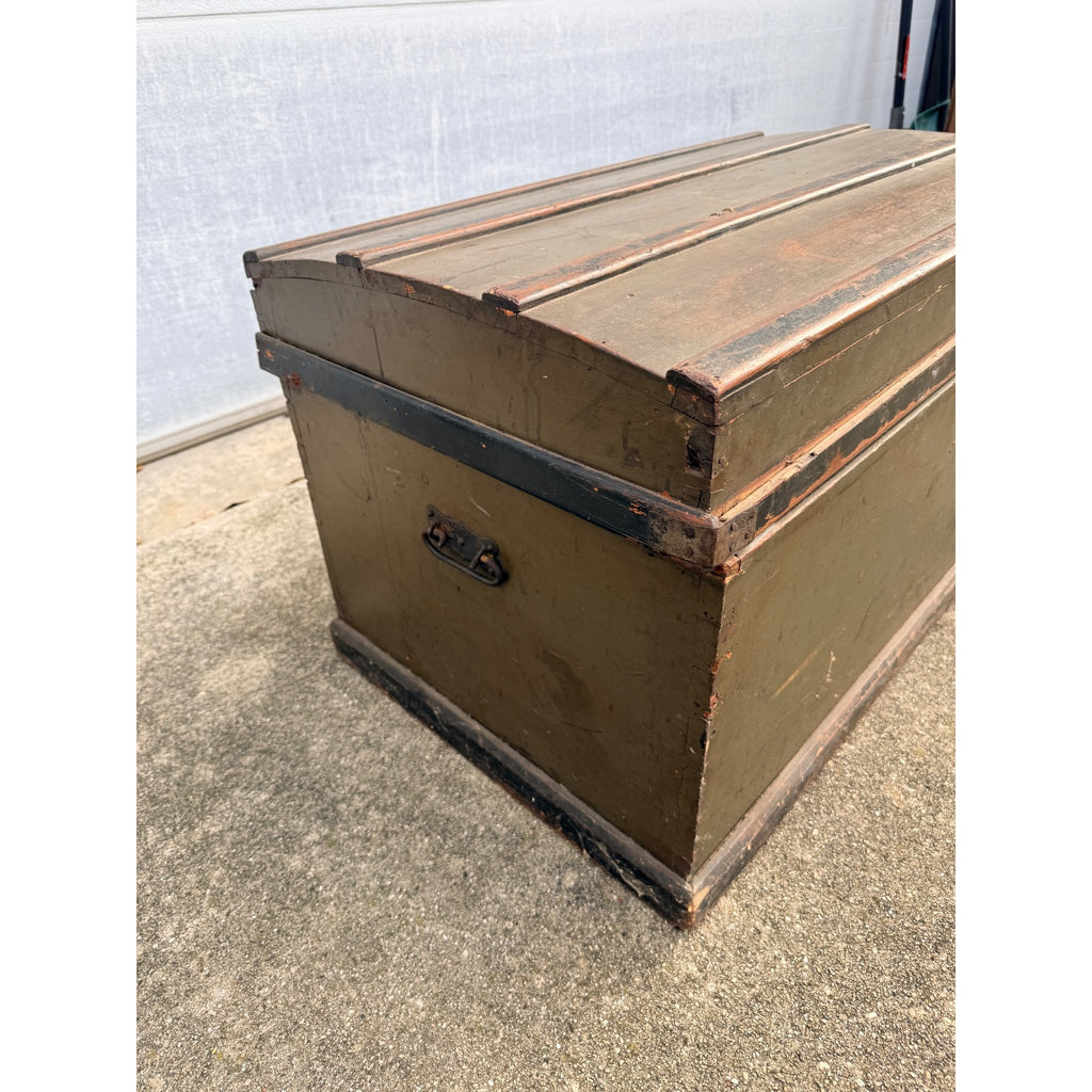 Antique Primitive Army Green Trunk Chest Train Travel Box