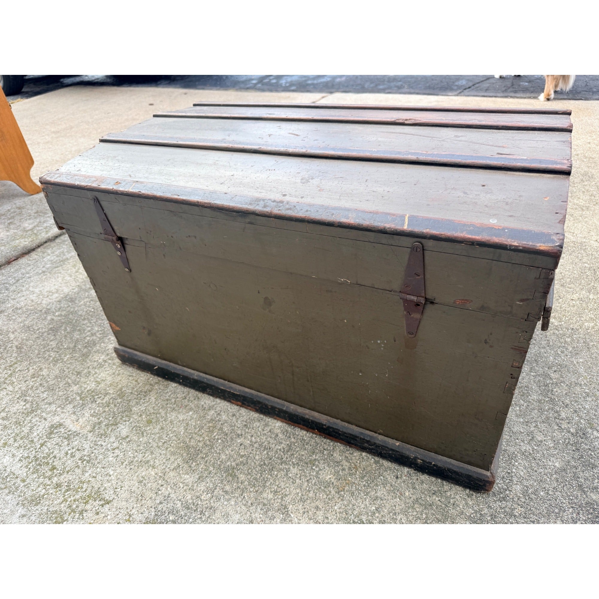 Antique Primitive Army Green Trunk Chest Train Travel Box