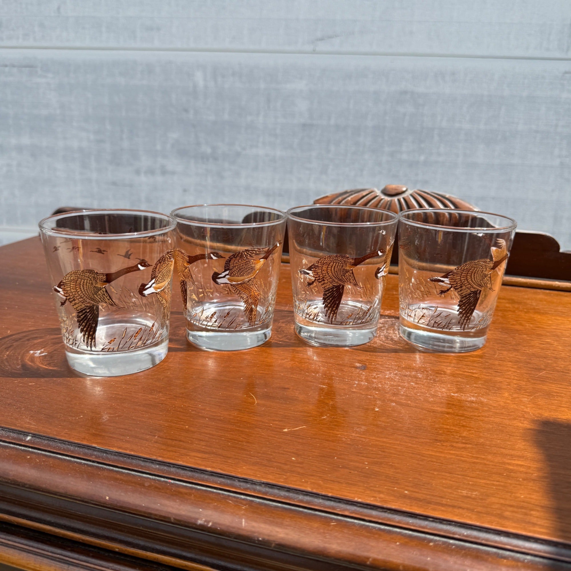 Vintage (4) Libbey Flight of Geese Hunting Marsh Low Ball Rock Cocktail Glass Lot of 4