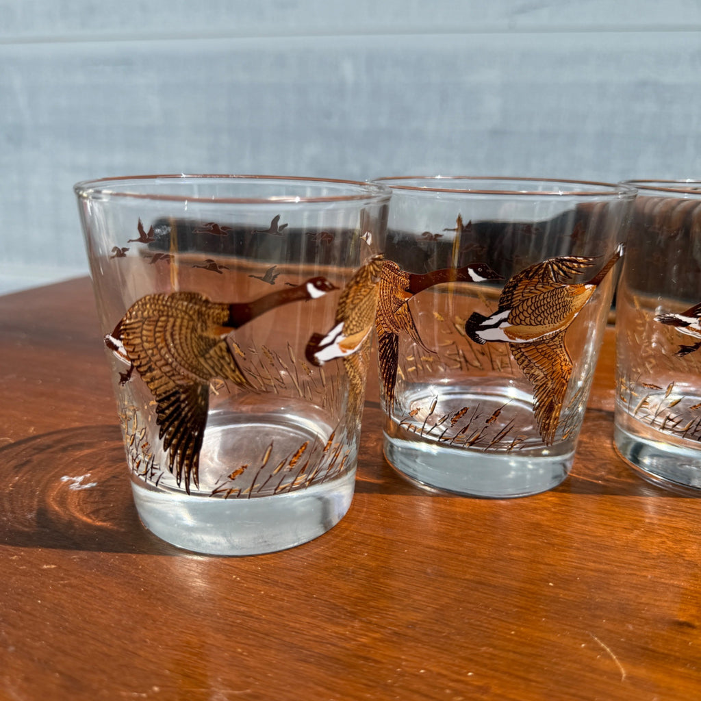Vintage (4) Libbey Flight of Geese Hunting Marsh Low Ball Rock Cocktail Glass Lot of 4